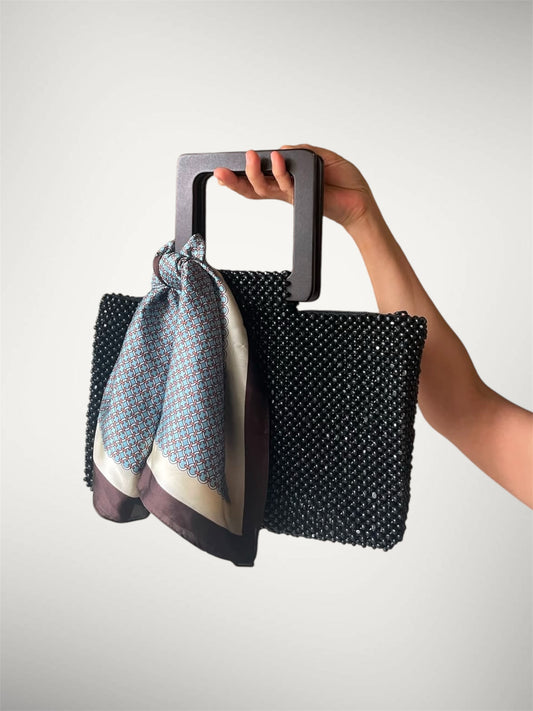 LARA Handmade Handbag Square Top Handles in Black | Beaded Bag
