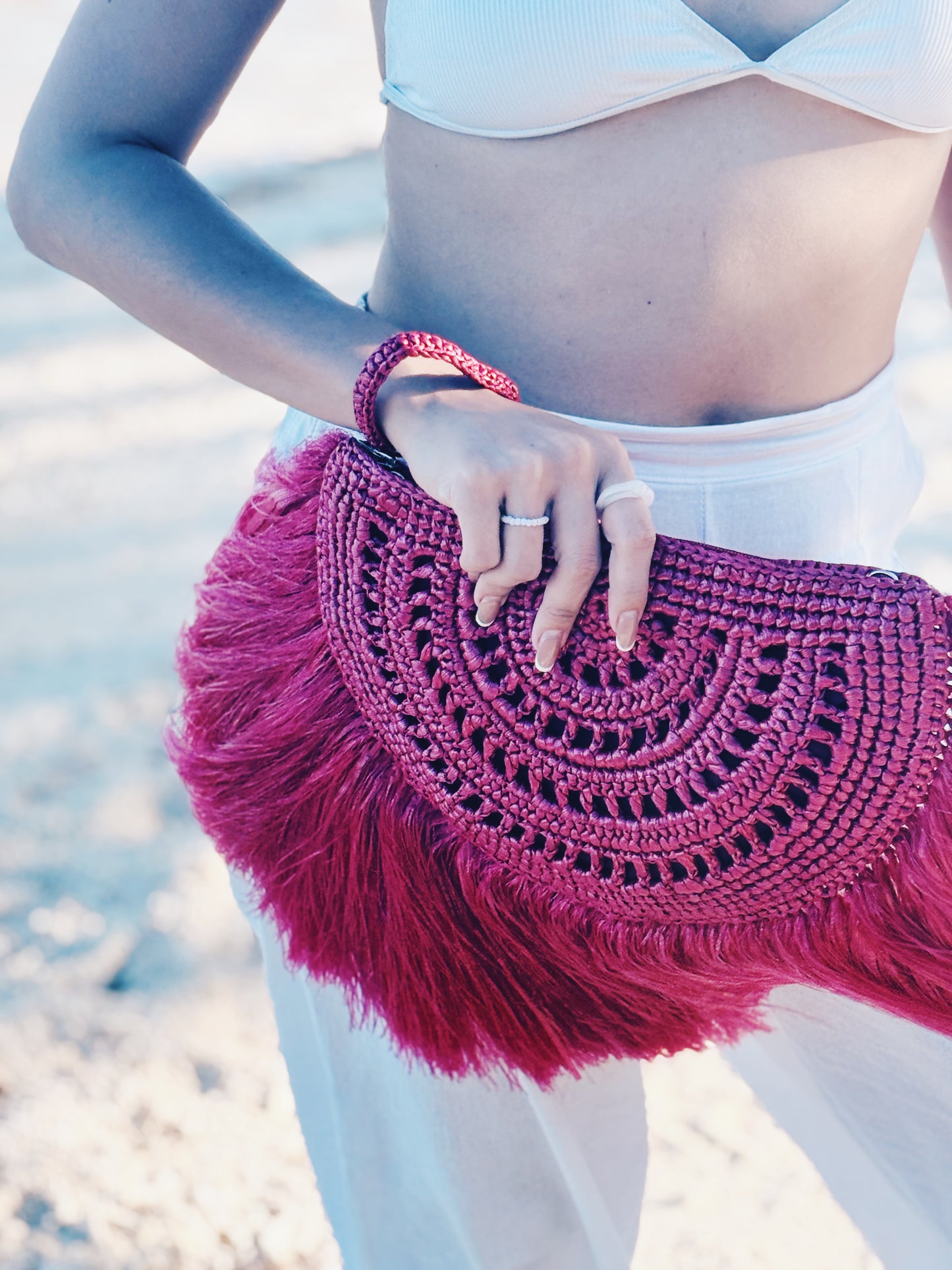 LUNA Handmade Half-Moon Clutch/Sling with Fringes | Premium Straw Bag