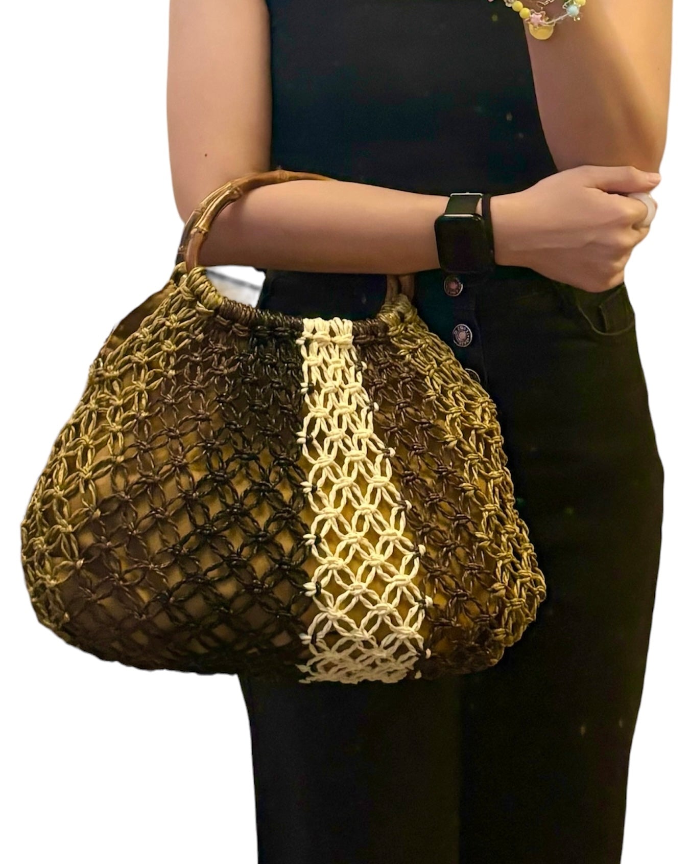 TARA Macrame Handbag with Natural Bamboo Handles | Premium Straw