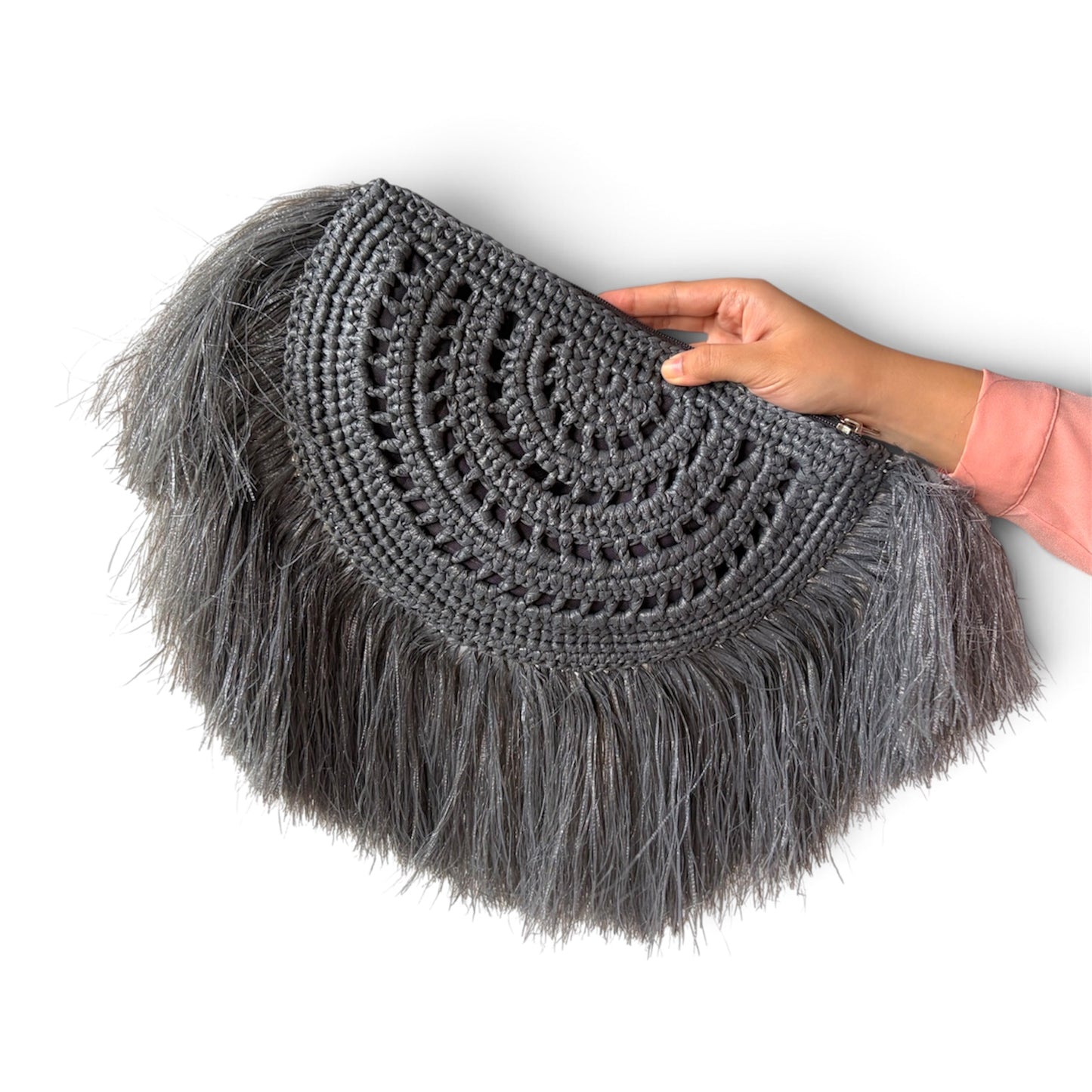 LUNA Handmade Half-Moon Clutch/Sling with Fringes | Premium Straw Bag