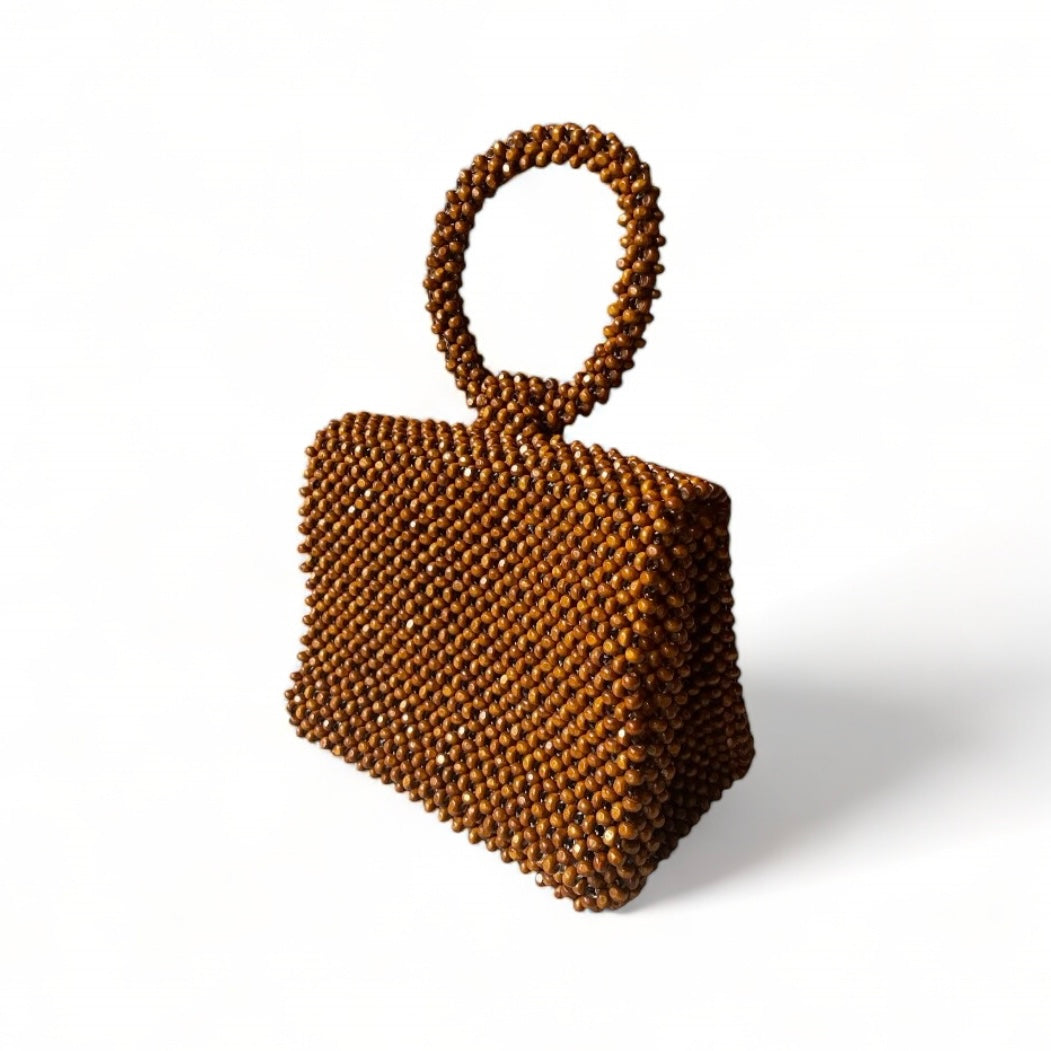 The Beatriz Beaded Handbag without O-ring Handle in Washed Brown color.