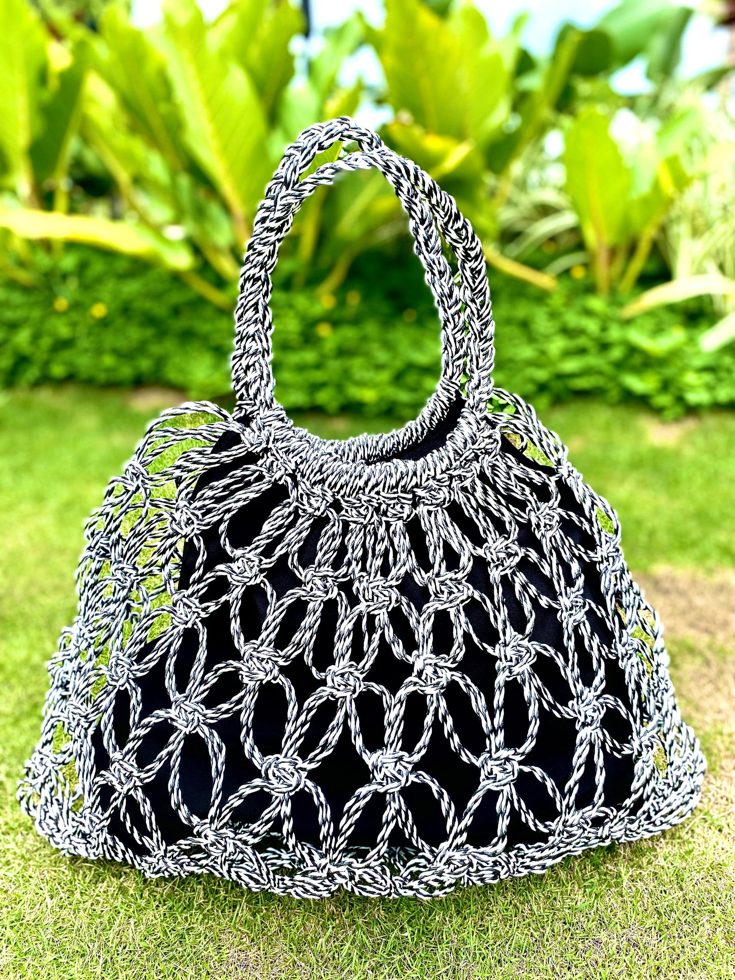 MARINA Handmade Macrame Net Tote Bag with Lining | Premium Straw Bag