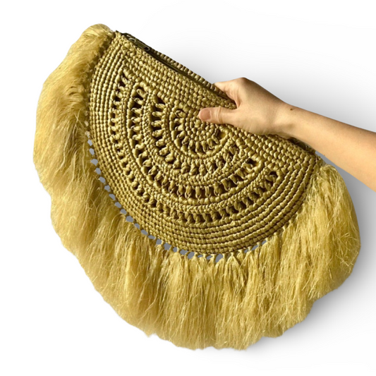 LUNA Handmade Half-Moon Clutch/Sling with Fringes | Premium Straw Bag