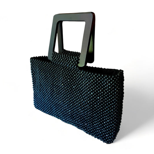 LARA Handmade Handbag Square Top Handles in Black | Beaded Bag