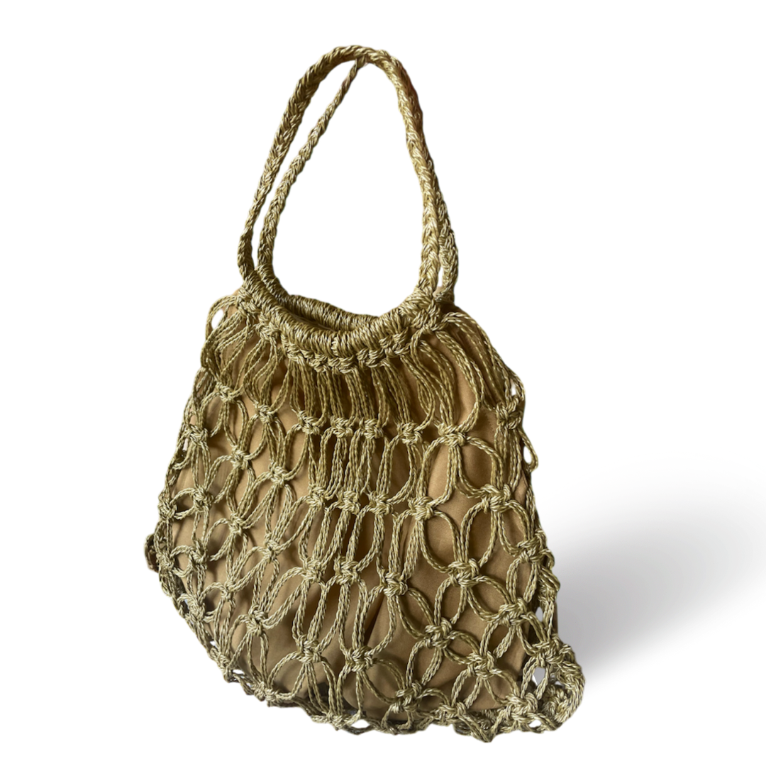 MARINA Handmade Macrame Net Tote Bag with Lining | Premium Straw Bag