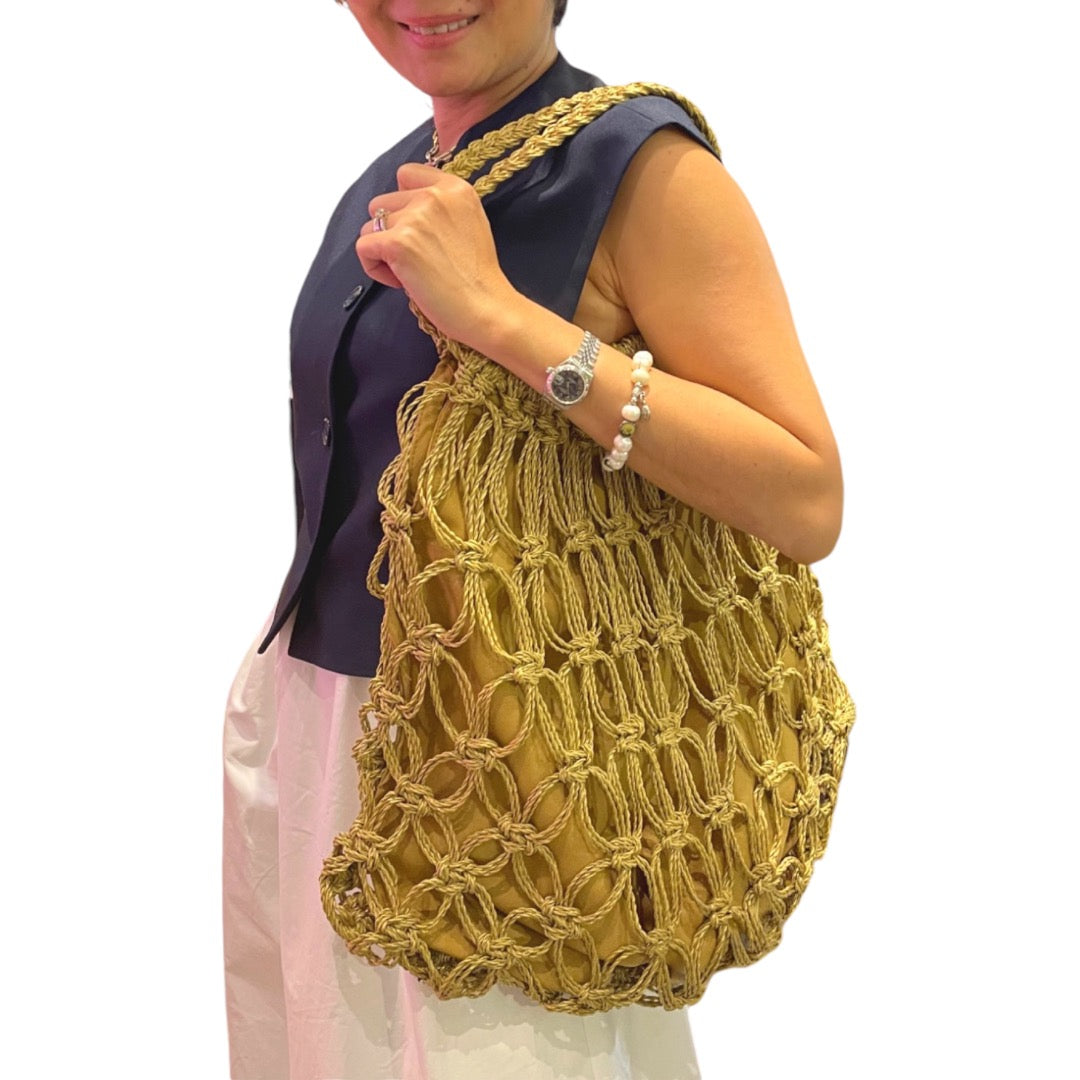 MARINA Handmade Macrame Net Tote Bag with Lining | Premium Straw Bag