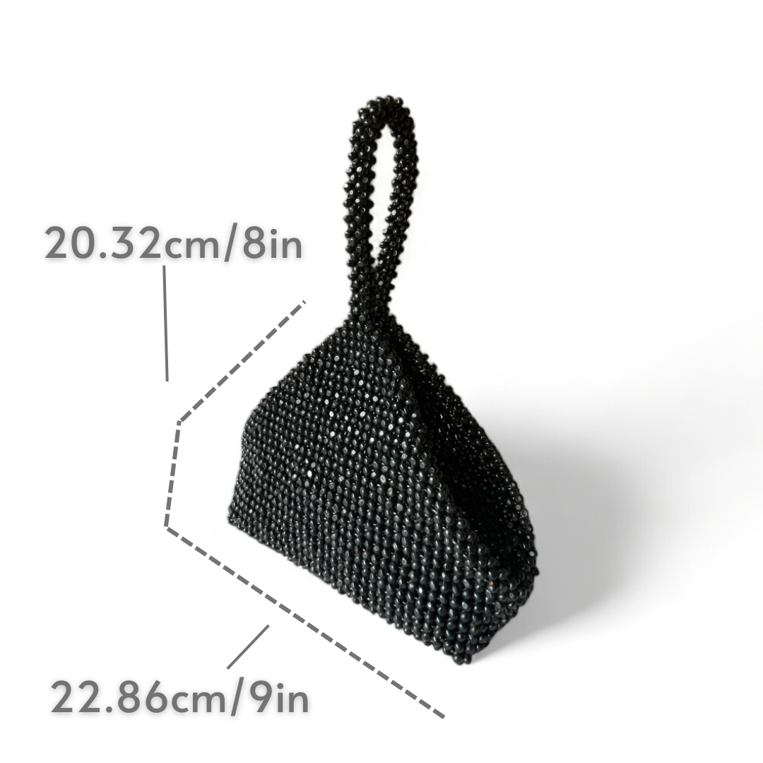 Arra beaded event bag in black with its dimensions.