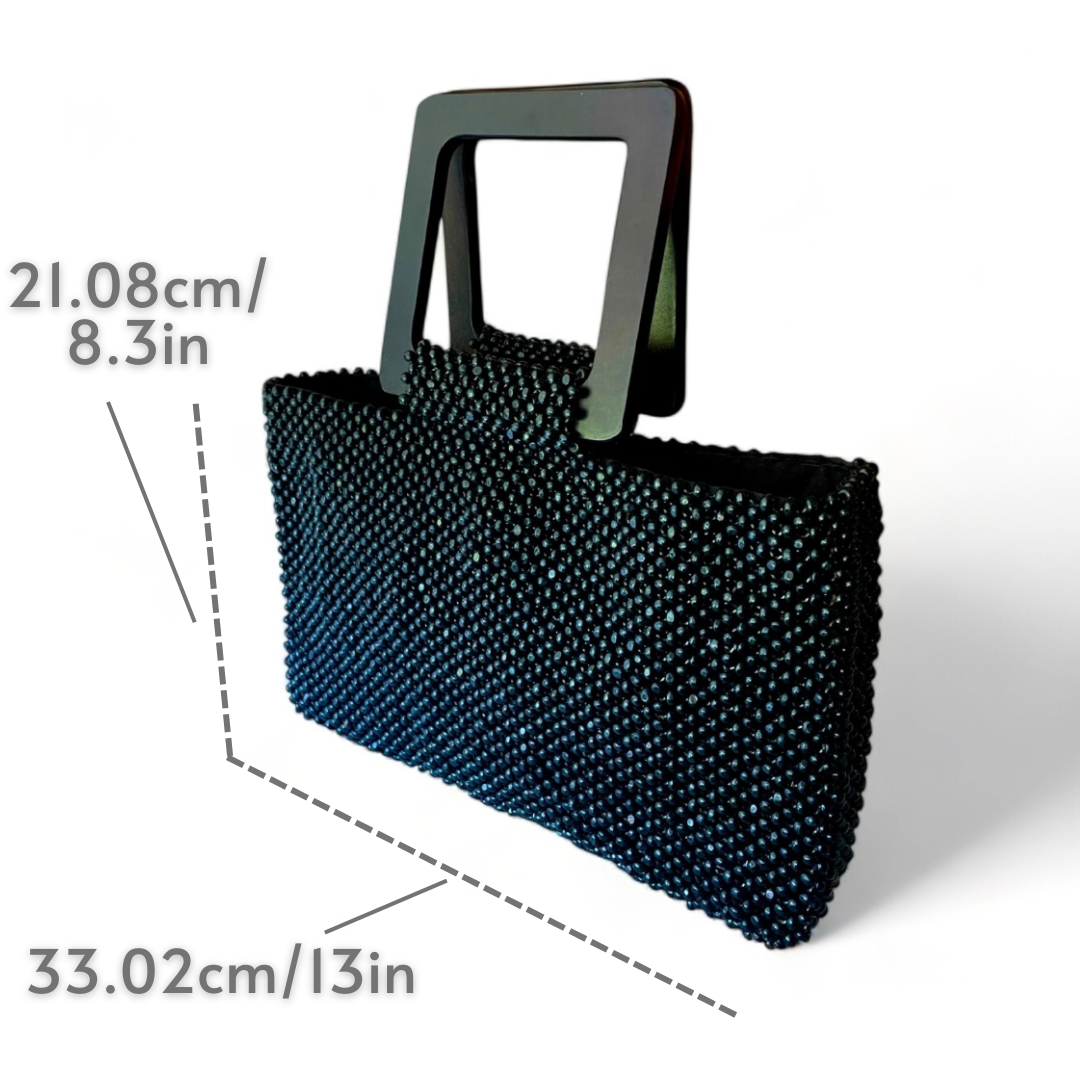 LARA Handmade Handbag Square Top Handles in Black | Beaded Bag