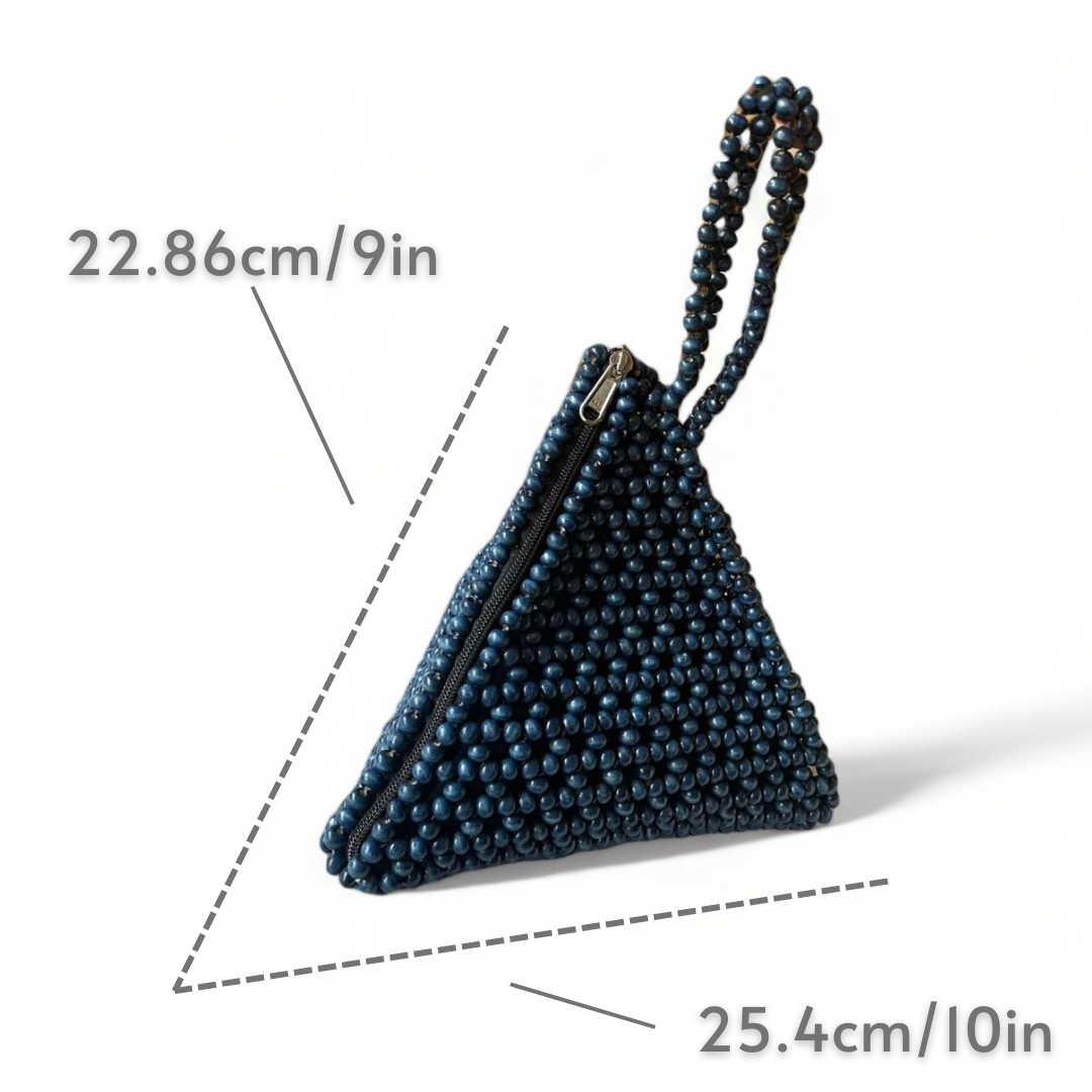 Stella beaded puso event bag in washed blue with its dimensions.